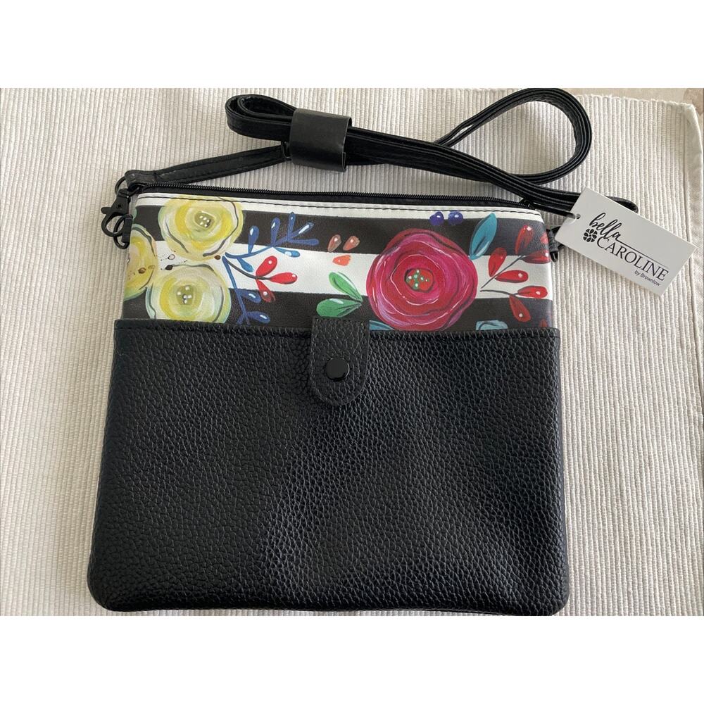 Bella Caroline By Brownlow Body Bag. Top Zipper. Black FlowersBoho Crossbody Bag